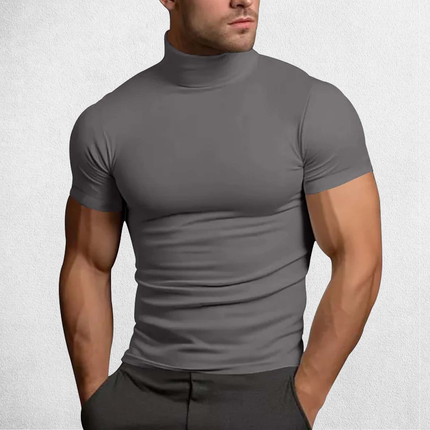 Model Wearing Dark Grey Men’s Slim Fit Cross-Border Summer Solid Color Turtleneck T-Shirt for Fitness & Casual Wear