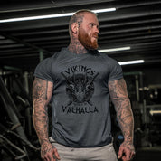 Model in gym background wearing Dark Grey Men’s Viking 3D Printed Cotton Fitness Sports T-Shirt – Quick-Dry, Breathable, Athletic Fit