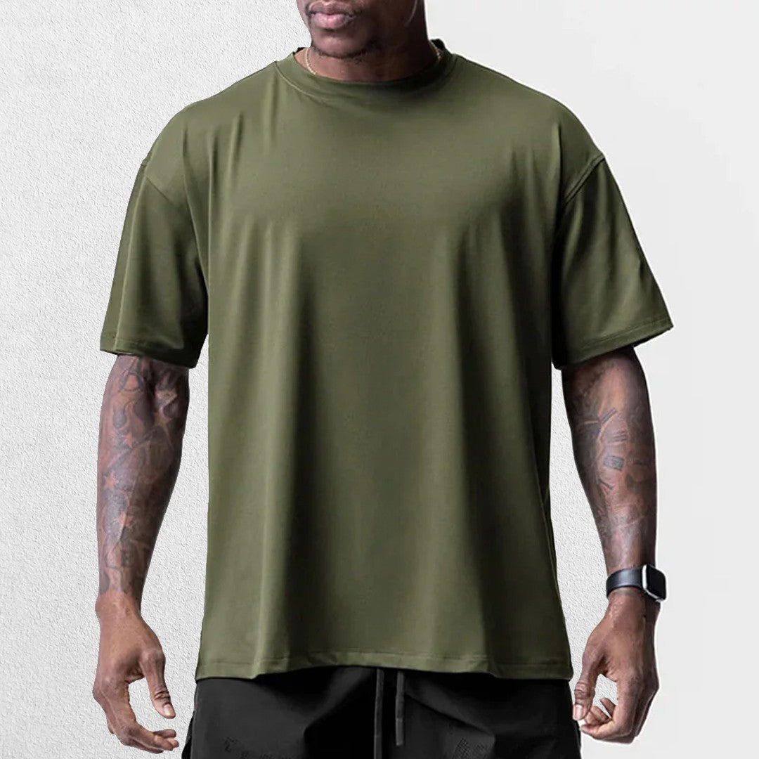 Close-up of Dark Olive Grey GPW Men's Summer Quick-Dry Gym Casual Tee in a studio background