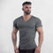 Front View of Model Wearing Dark grey Men’s Slim-Fit Cotton Gym T-Shirt – V-Neck Short Sleeve Workout & Bodybuilding Tee