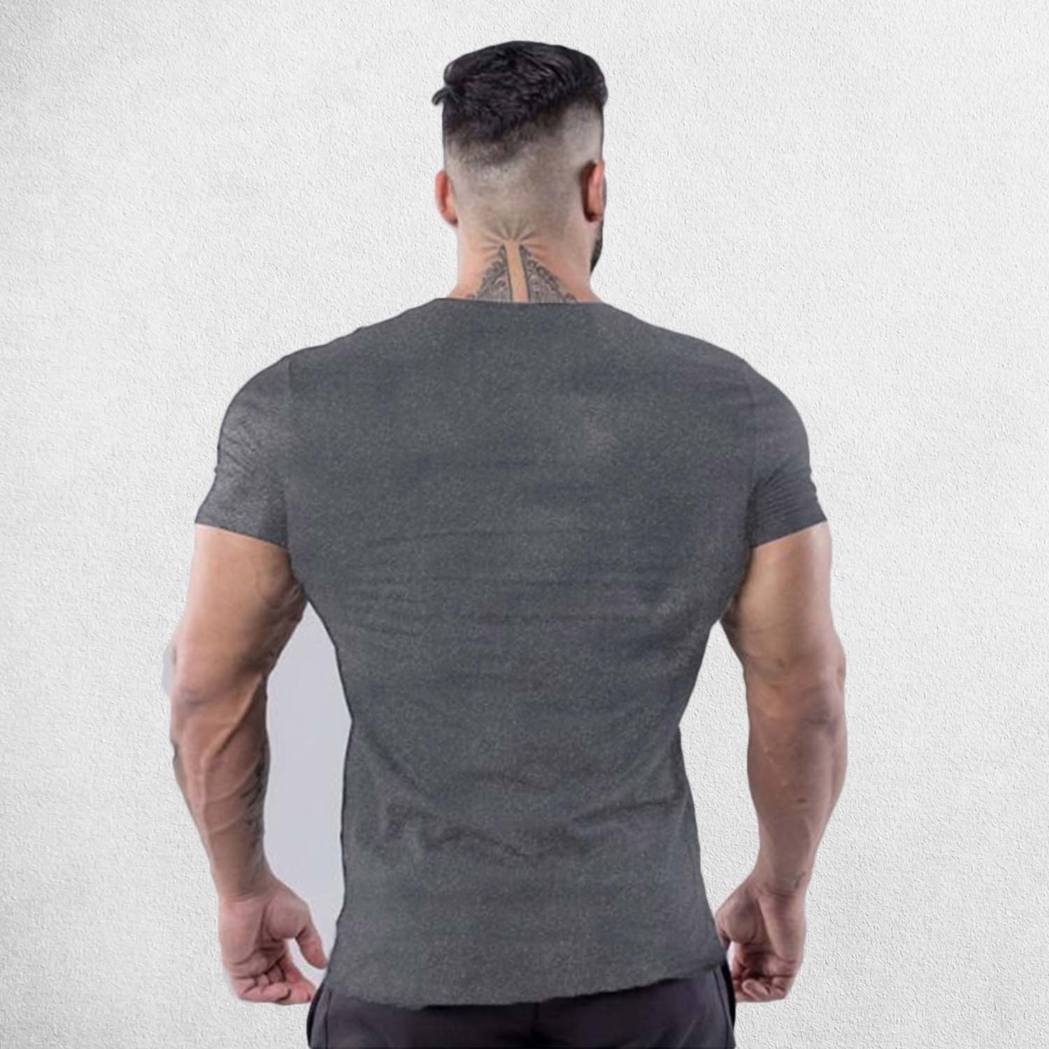 Back View of Model Wearing Dark grey Men’s Slim-Fit Cotton Gym T-Shirt – V-Neck Short Sleeve Workout & Bodybuilding Tee