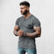 Front View of Model Wearing Dark grey Men’s V-Neck Slim Fit Gym T-Shirt – Breathable, Muscle-Enhancing Cotton Tee for Training & Casual Wear