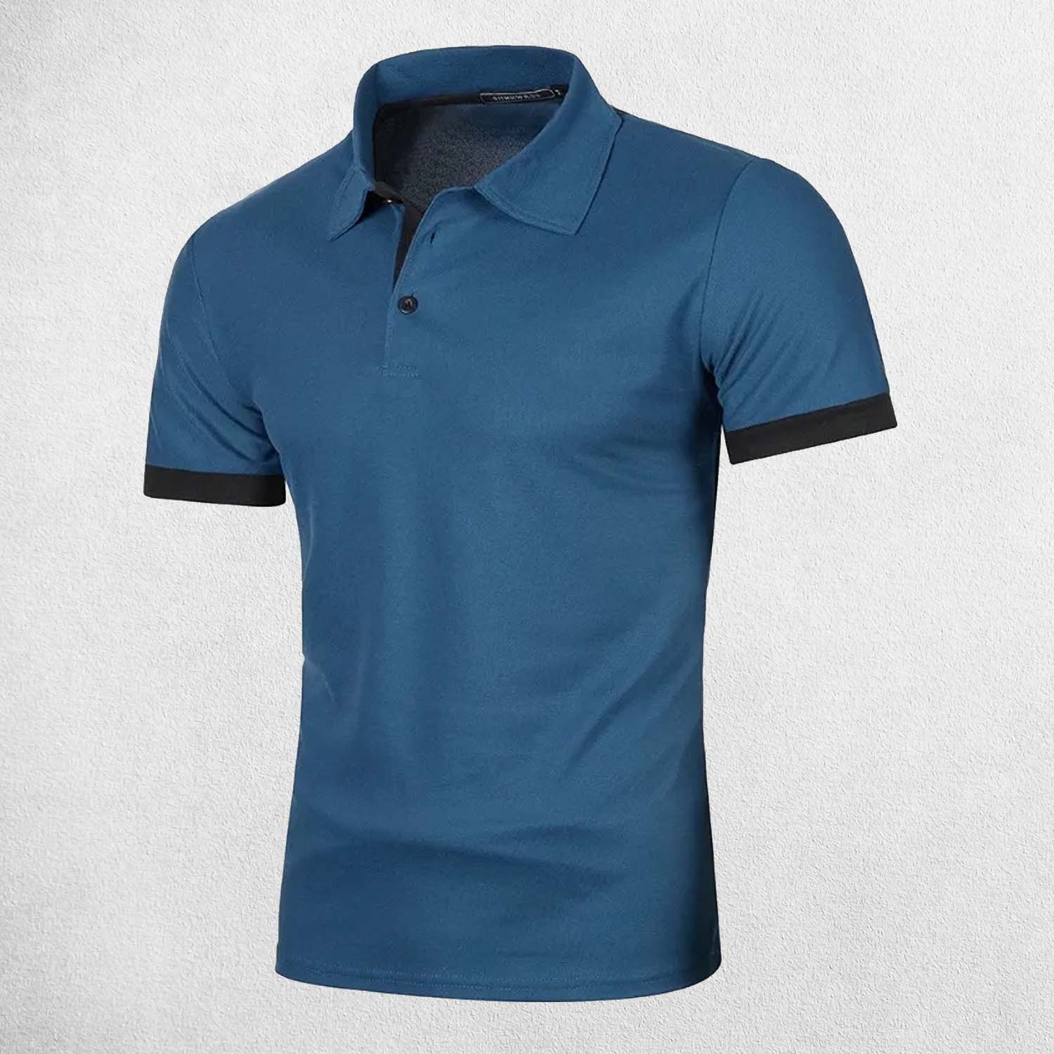 Front view of Demim Bllue men’s lightweight polo shirt in solid color