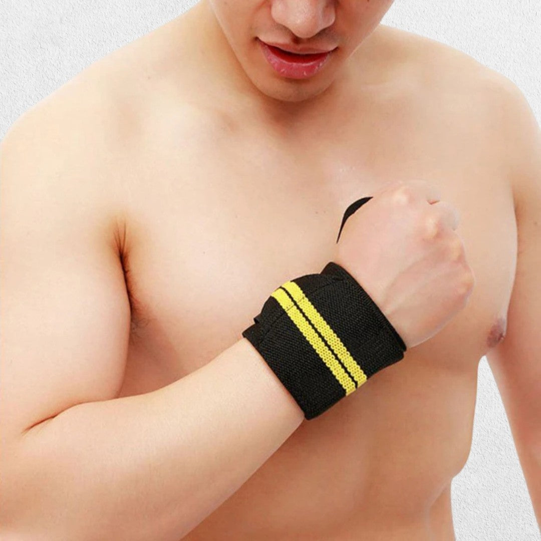 Yellow Strips Adjustable elastic wrist wraps being tightened for a custom fit.