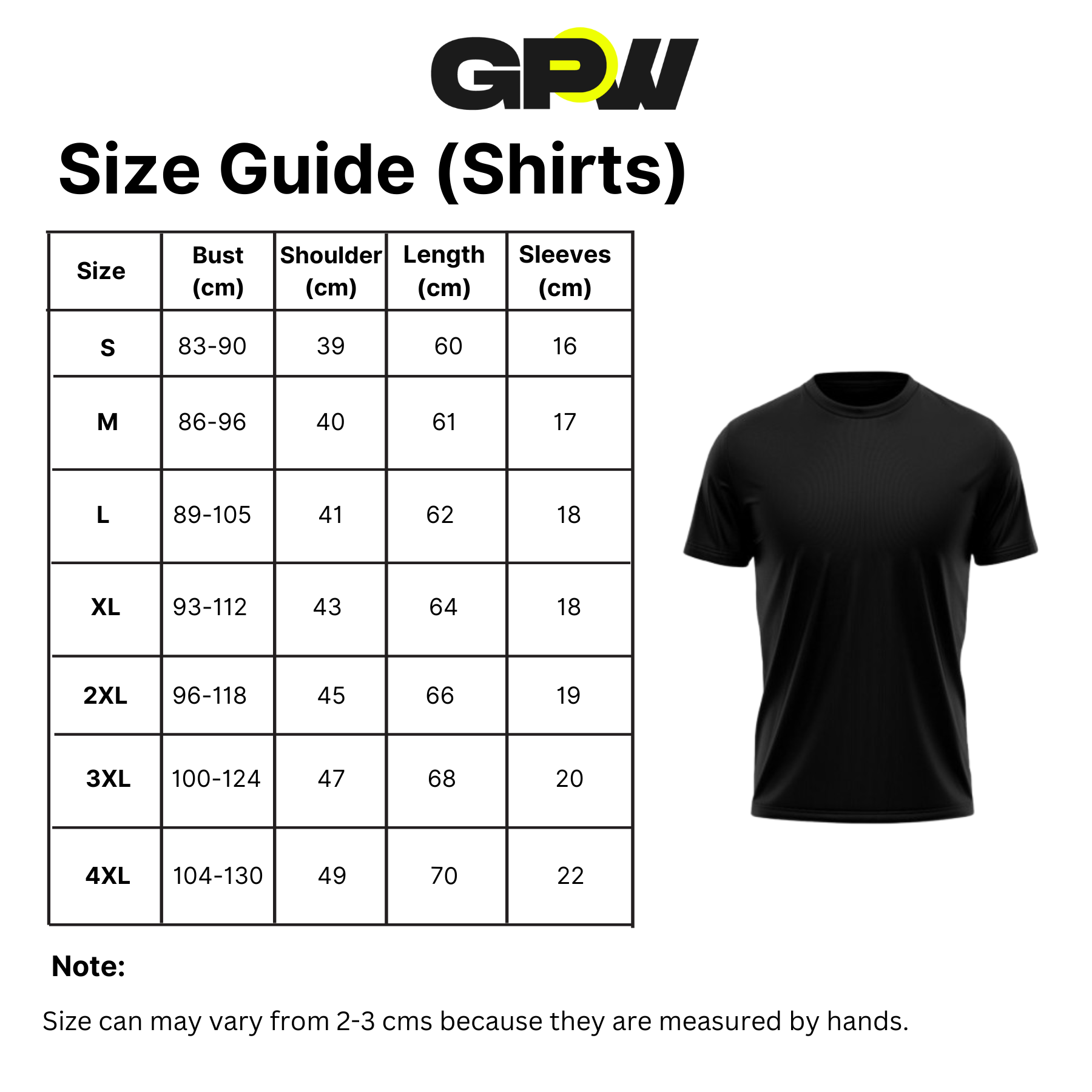 Size guide for shirts with a black t-shirt on a white background