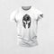 Close-up of White 3D Spartan helmet design on hex camo gym t-shirt