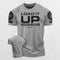 Close-up of the GPW Gymish Printed Muscle Man Gym T-Shirt - Funny Workout Tee Grey