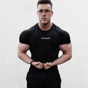 "GPW High-Performance Workout T-Shirt in black, front view showcasing the athletic fit, breathable fabric, and moisture-wicking design against a clean studio background."
