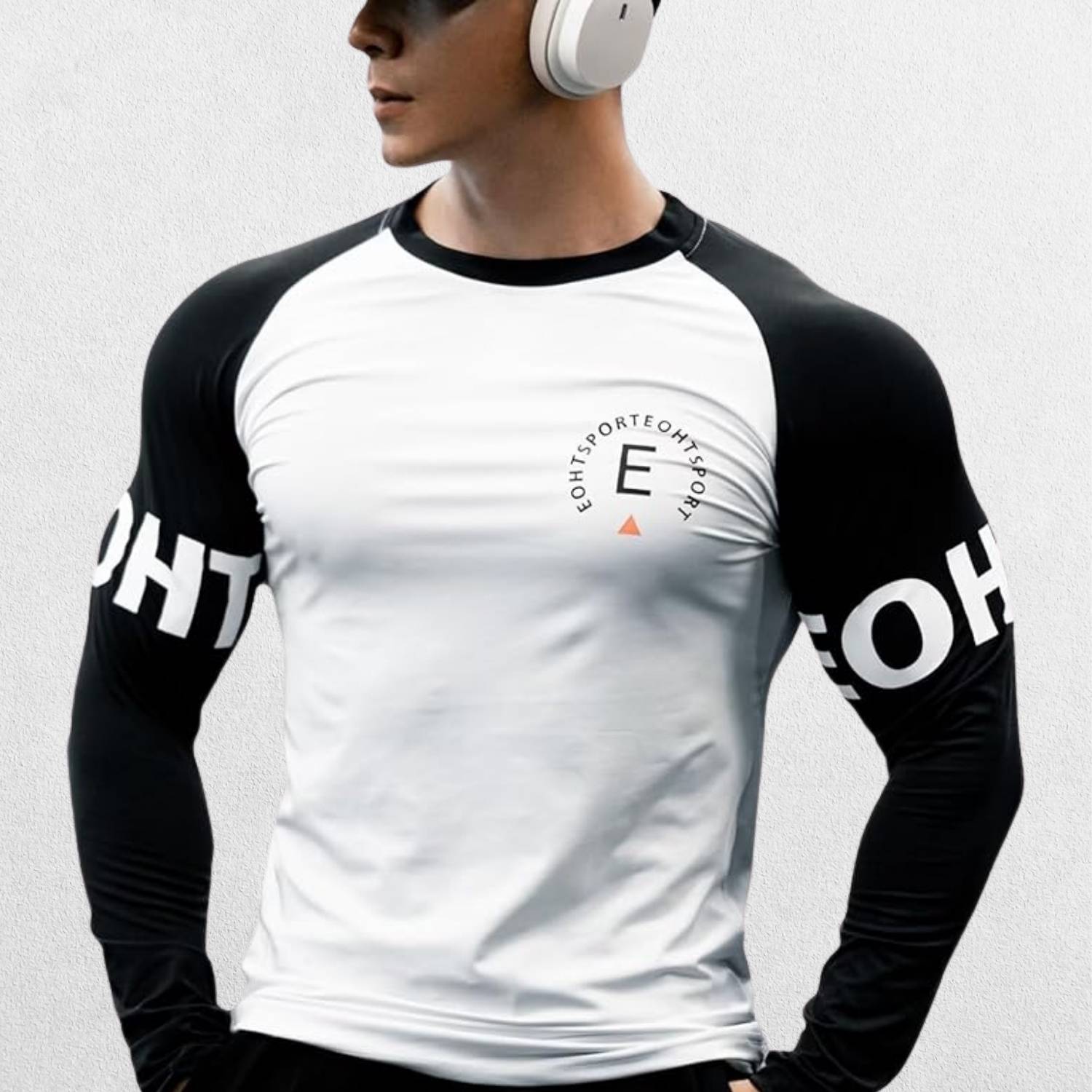  Long Sleeve Shirt in white, breathable and quick-drying fabric for gym performance and casual outings.
