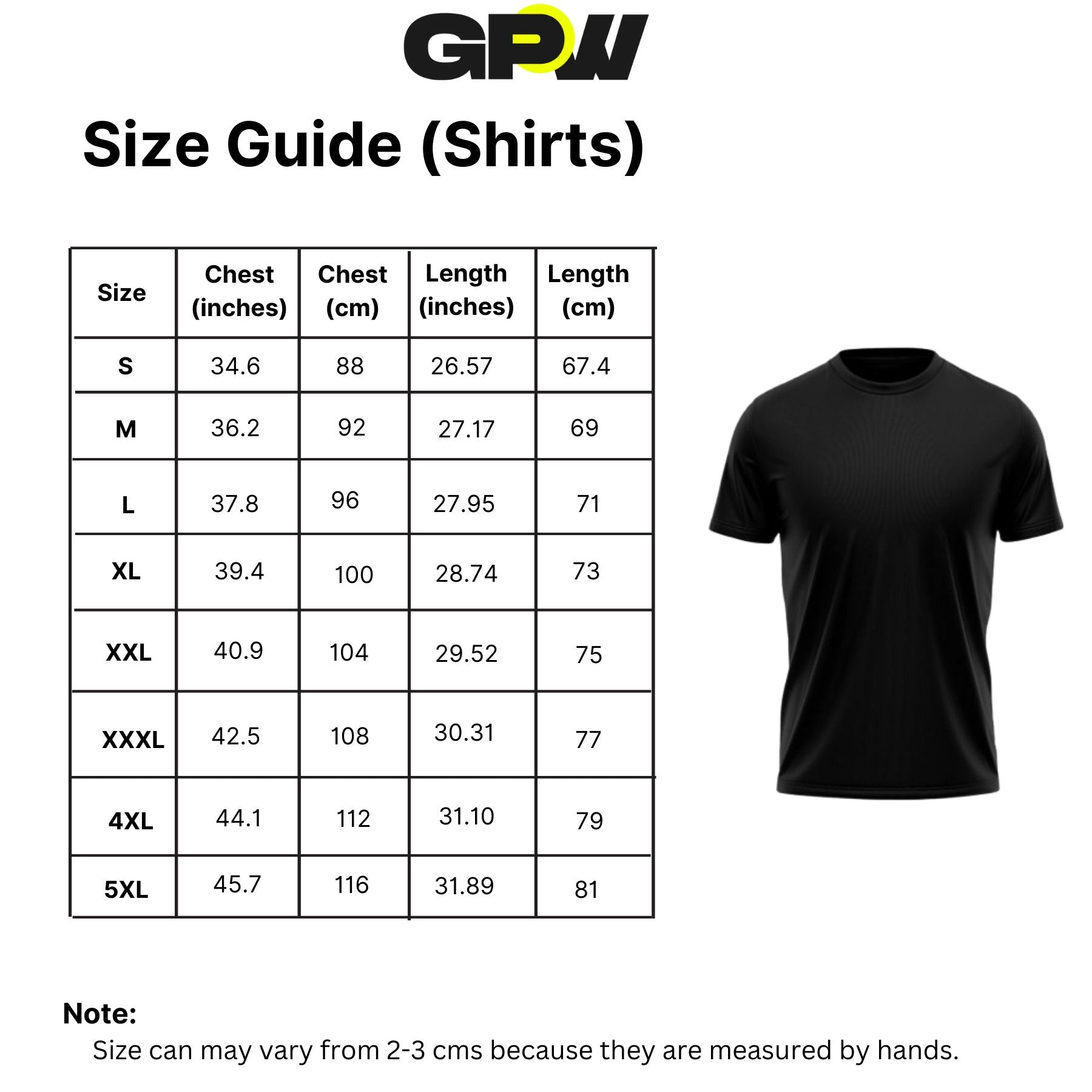 Size guide of GPW Compression T-Shirt emphasizing lightweight and breathable material.