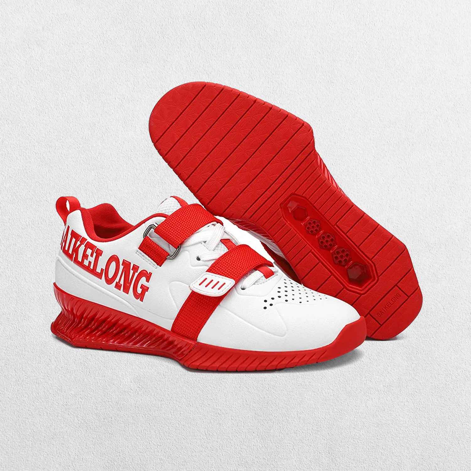 Close-up of Red GPW Men’s Powerlifting Squat Shoes rubber sole for stability