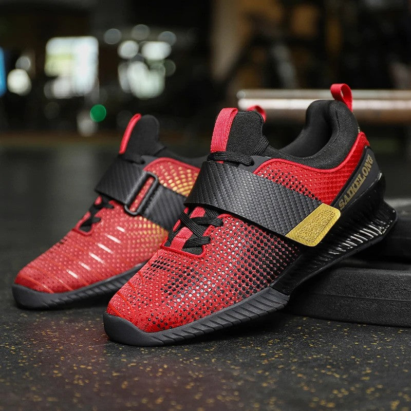 fire brick Flat, firm sole of the shoe shown in action during a squat.
