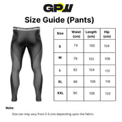 GPW Men’s Sports Pants size chart, displaying available sizes with measurements for waist, length and hip.