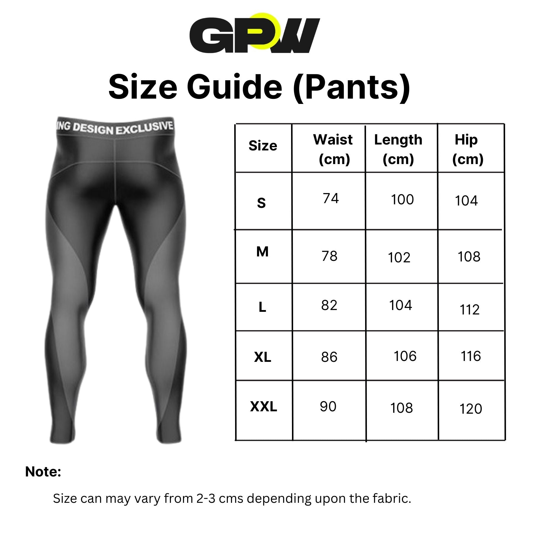 GPW Men’s Sports Pants size chart, displaying available sizes with measurements for waist, length and hip.