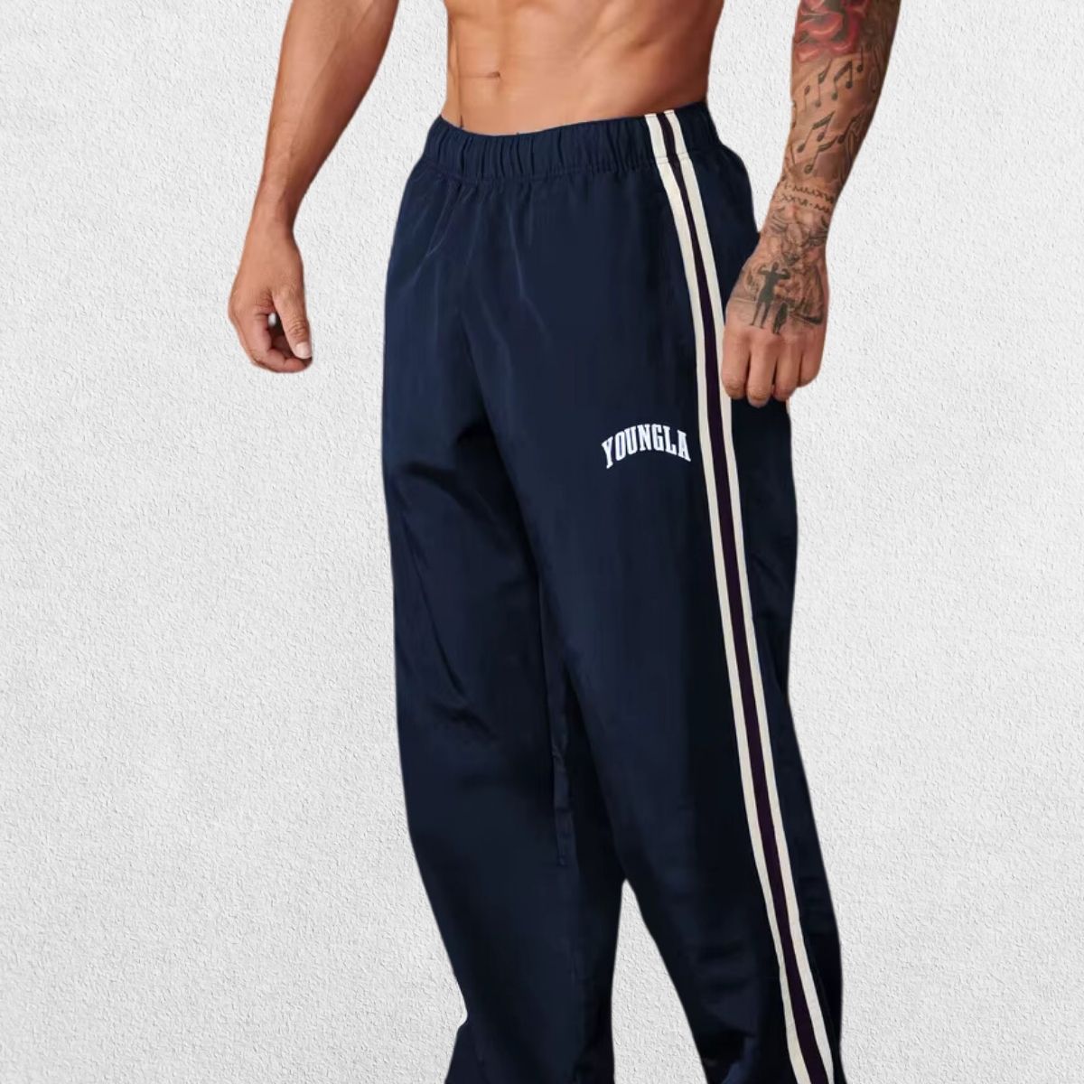 Navy blue GPW Men’s Sports Pants featuring durable double stitching and a stylish printed design.