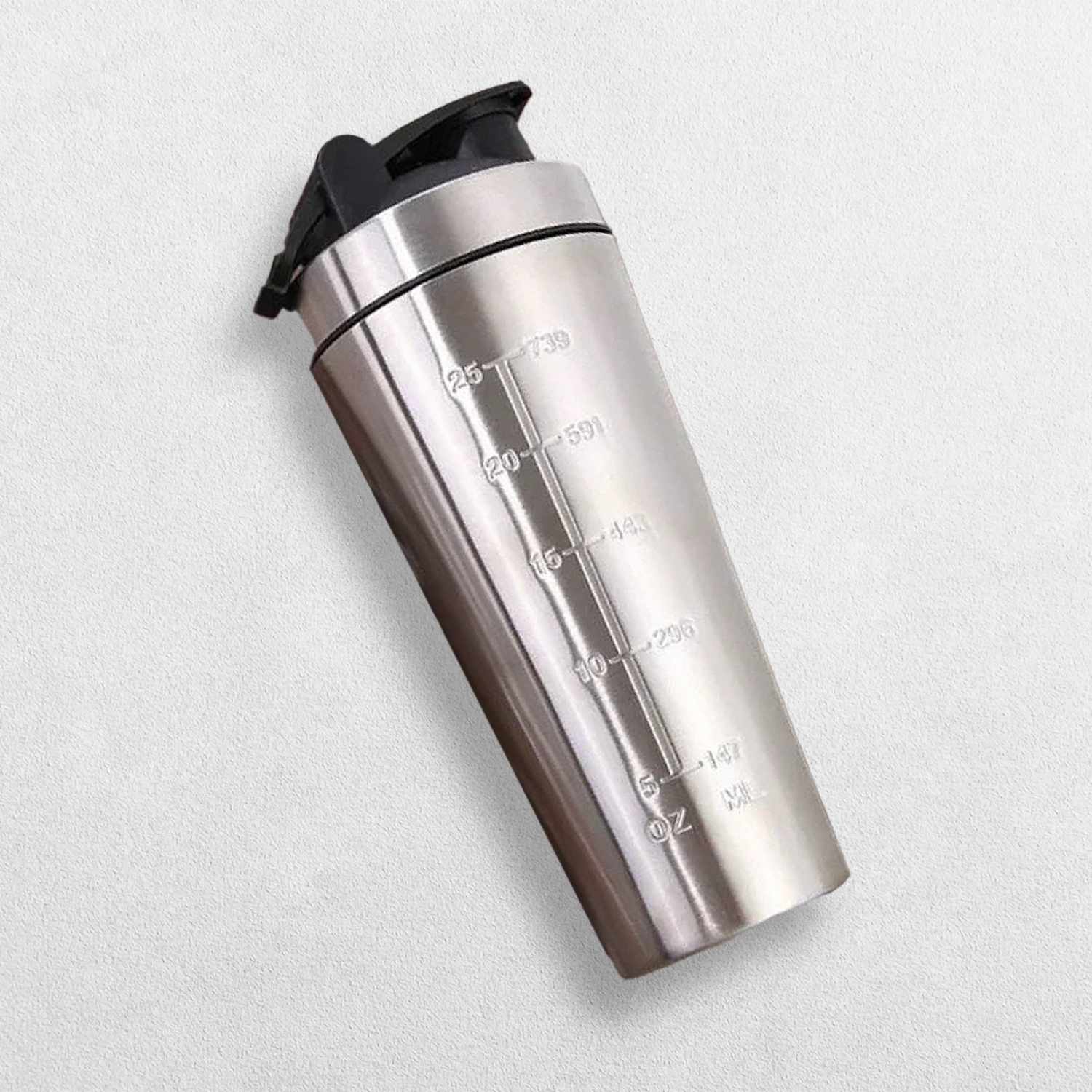 A shiny silver stainless steel insulated travel mug, highlighted against a neutral studio background to emphasize its durable and premium design.