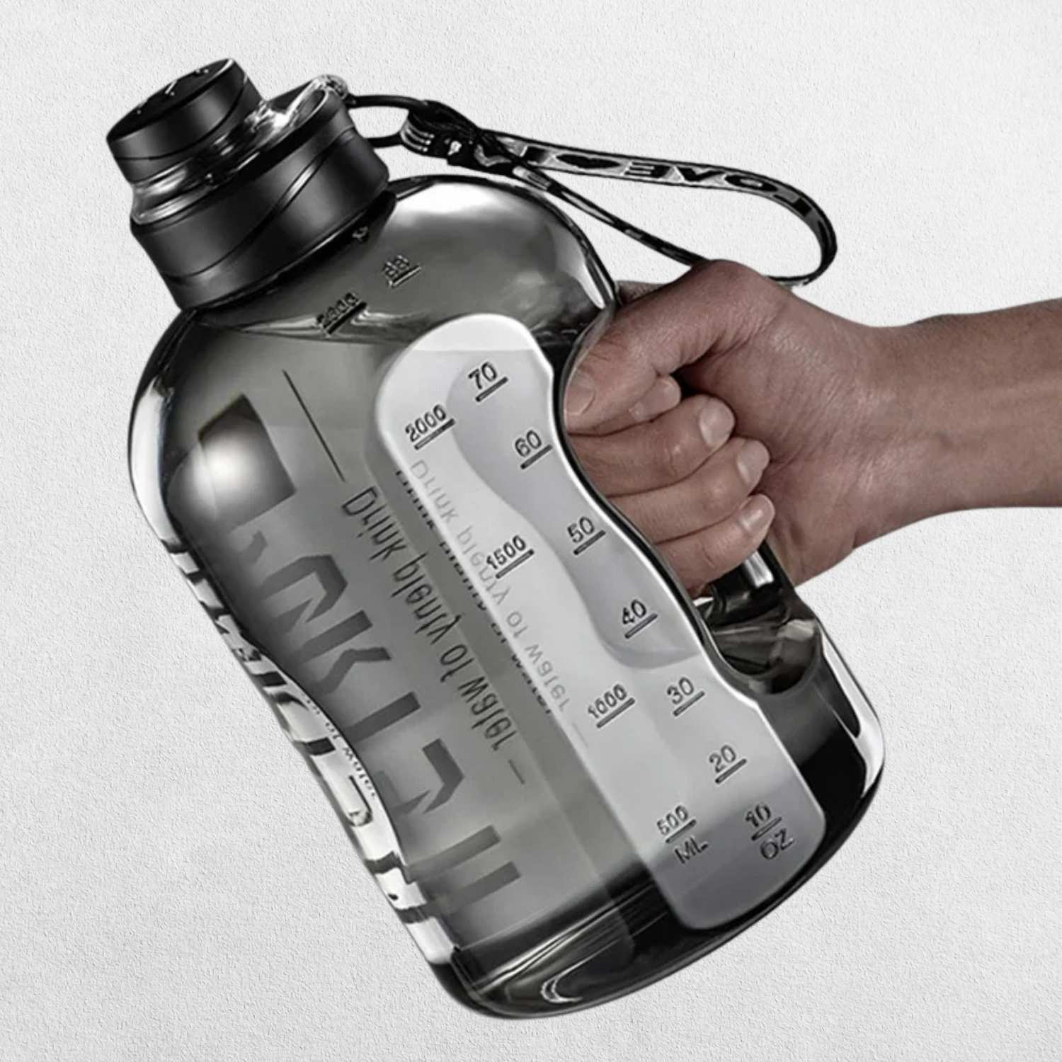 Lightweight gray GPW bottle with a carry handle for adventures