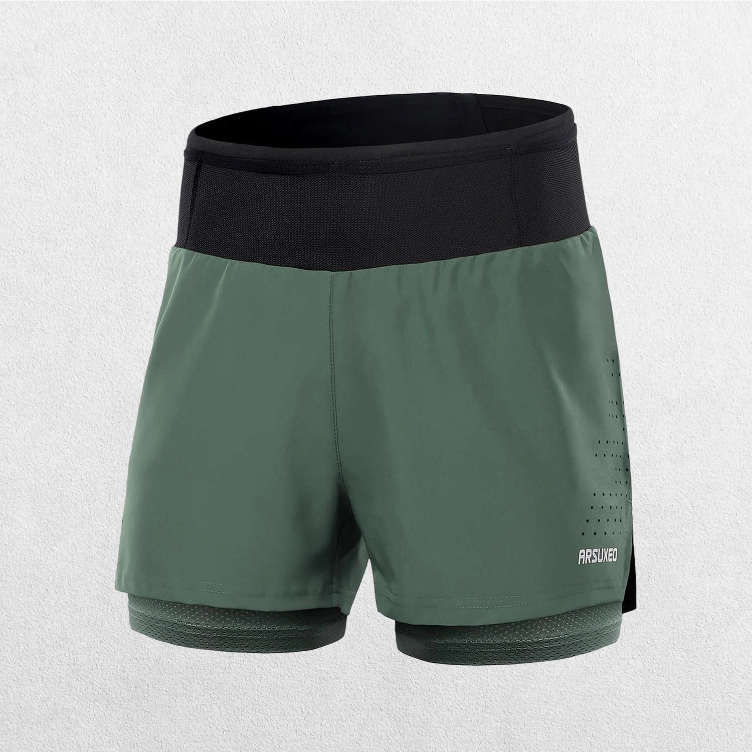 Green GPW Men's 2-in-1 Running Shorts close-up showing dual layers