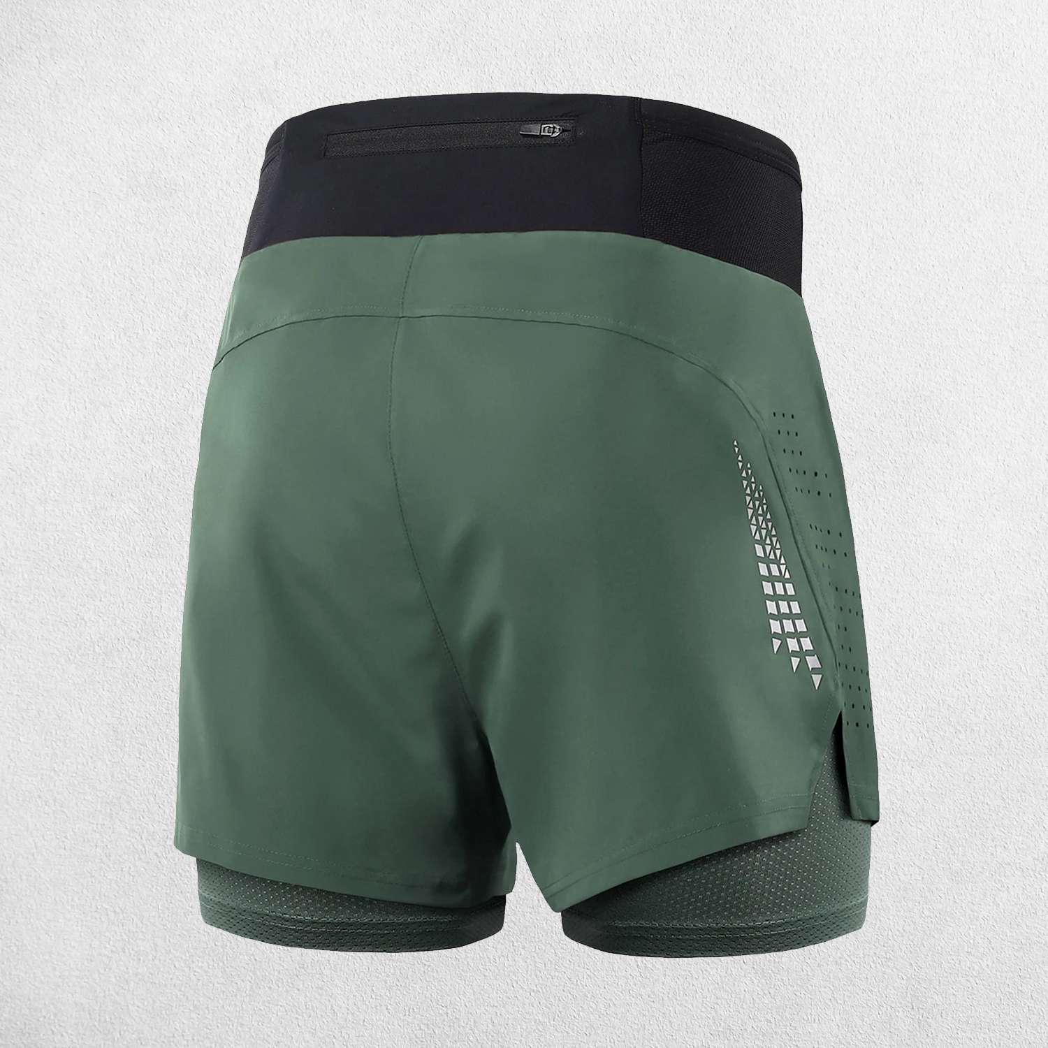 Green GPW Men's 2-in-1 Running Shorts close-up showing dual layers