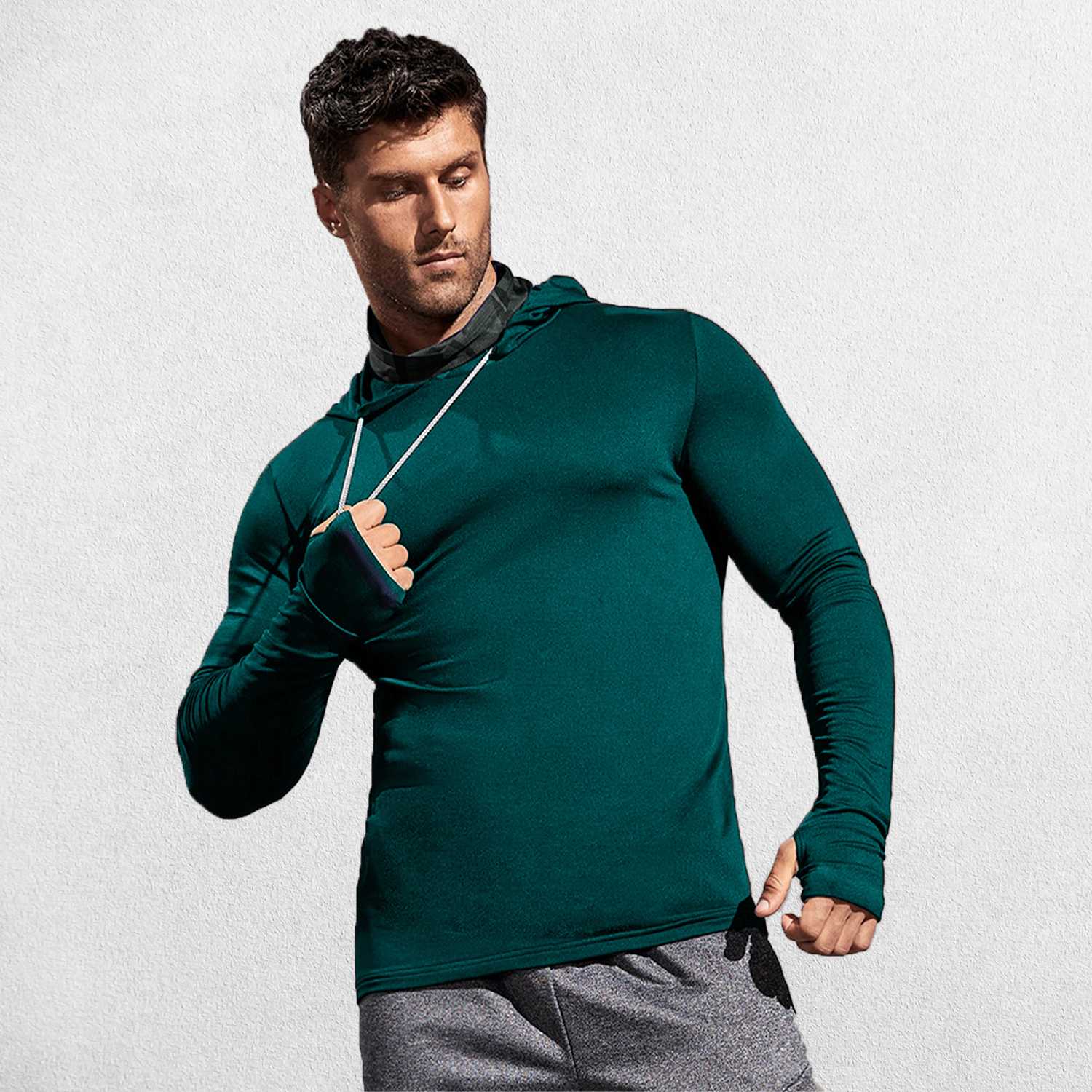 Model wearing Green Men’s Sun Protection Hooded Shirt - UV-Resistant Outdoor Activewear