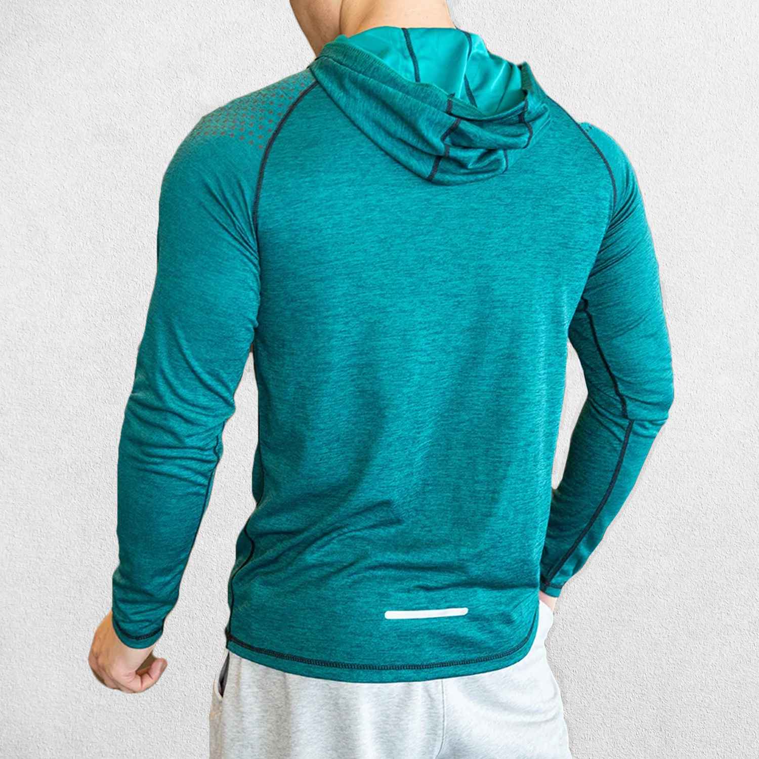Back Close-up of Green Stylish Men's Athletic Slim Fit Long Sleeve Hooded Gym Shirt