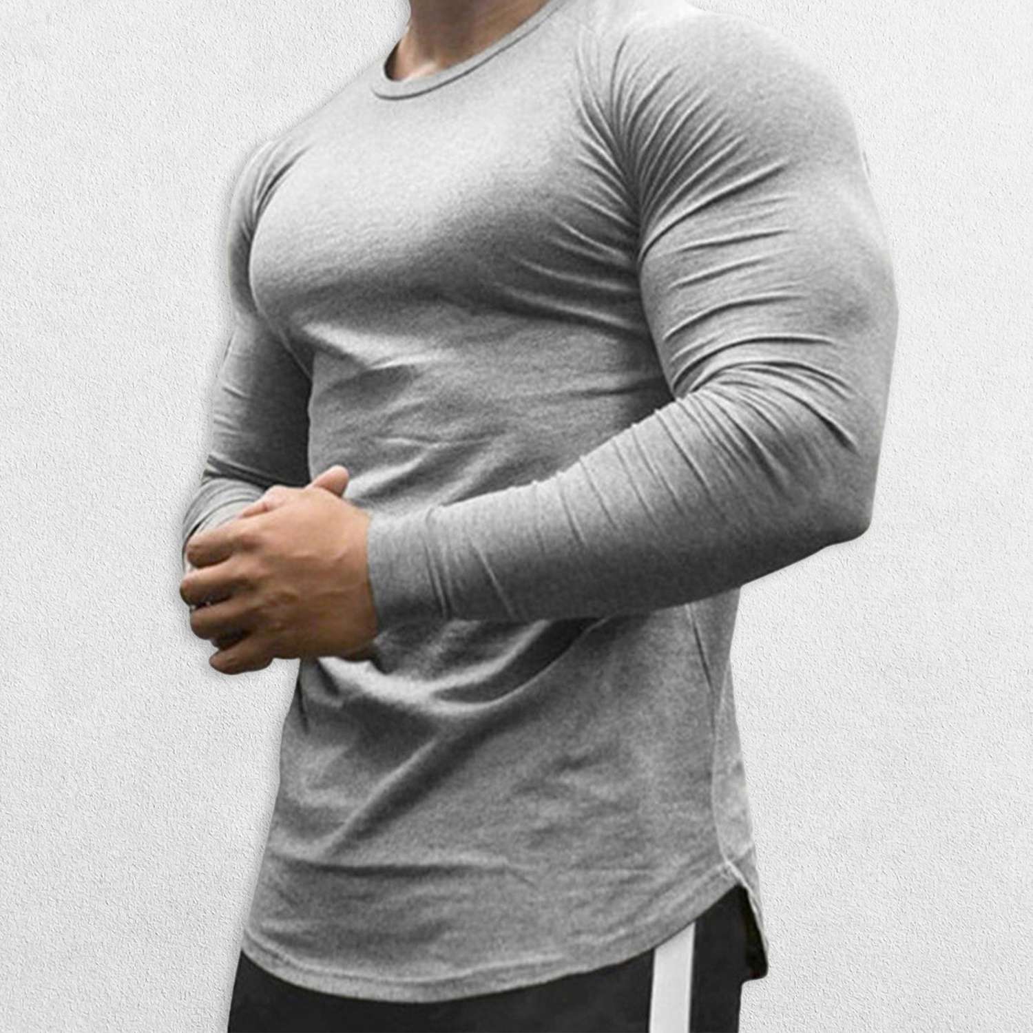 Grey GPW Men’s Long Sleeve Gym T-Shirt - breathable cotton fabric for bodybuilding and sports.