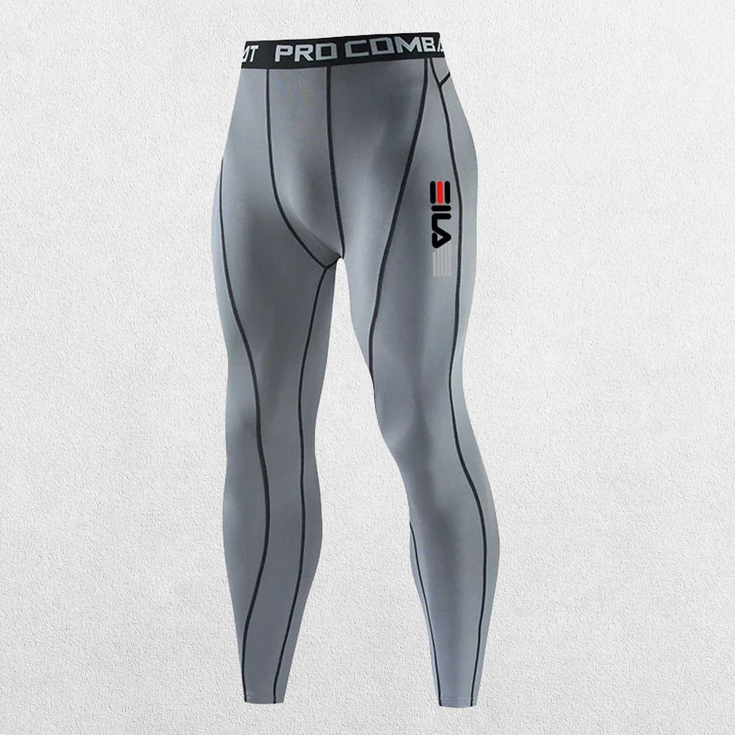 Close-up of Grey breathable, moisture-wicking fabric on GPW running leggings for men.