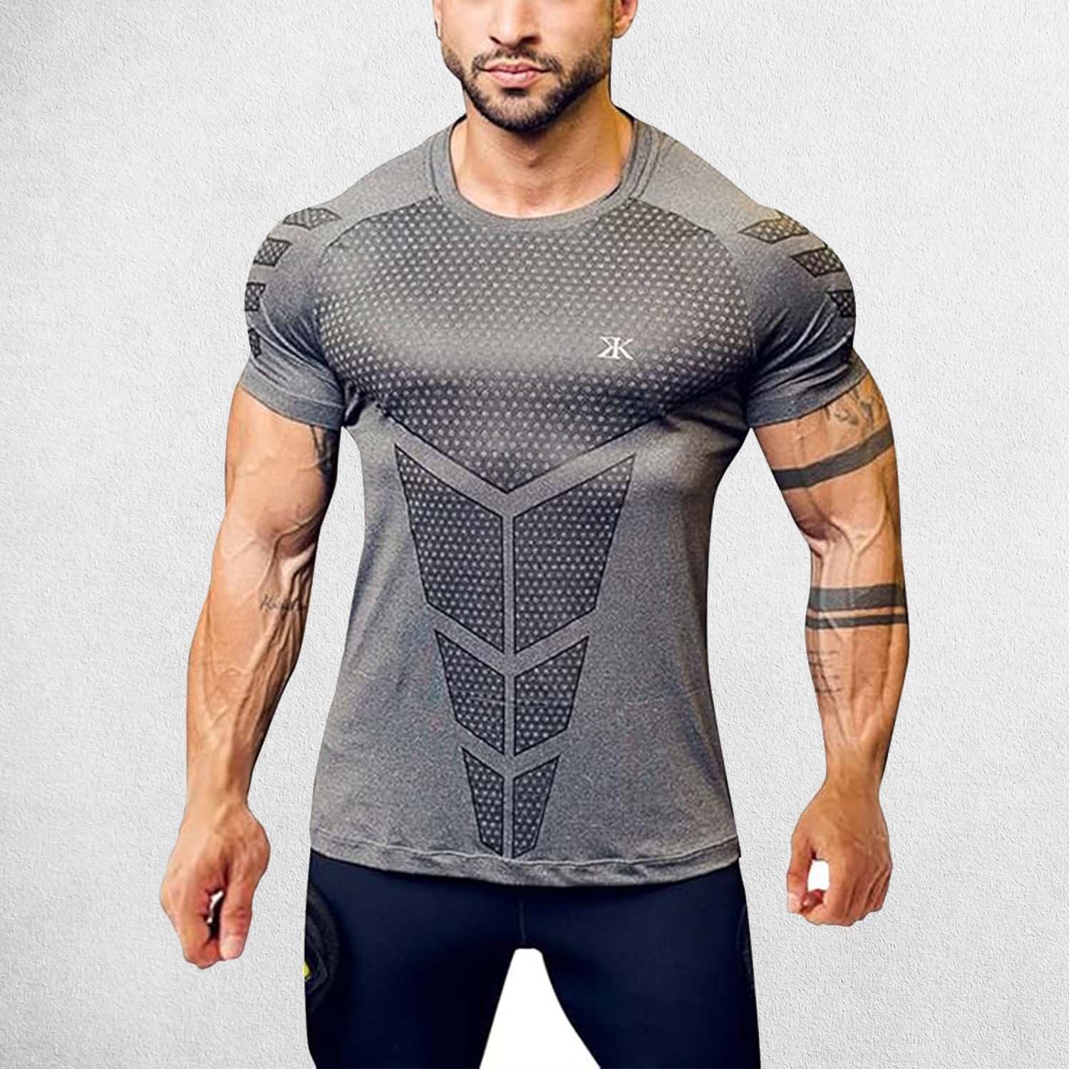Model Wearing Men's Quick-Dry Compression T-Shirt – Tight-Fit Gym & Running Shirt for Fitness, Bodybuilding & Training
