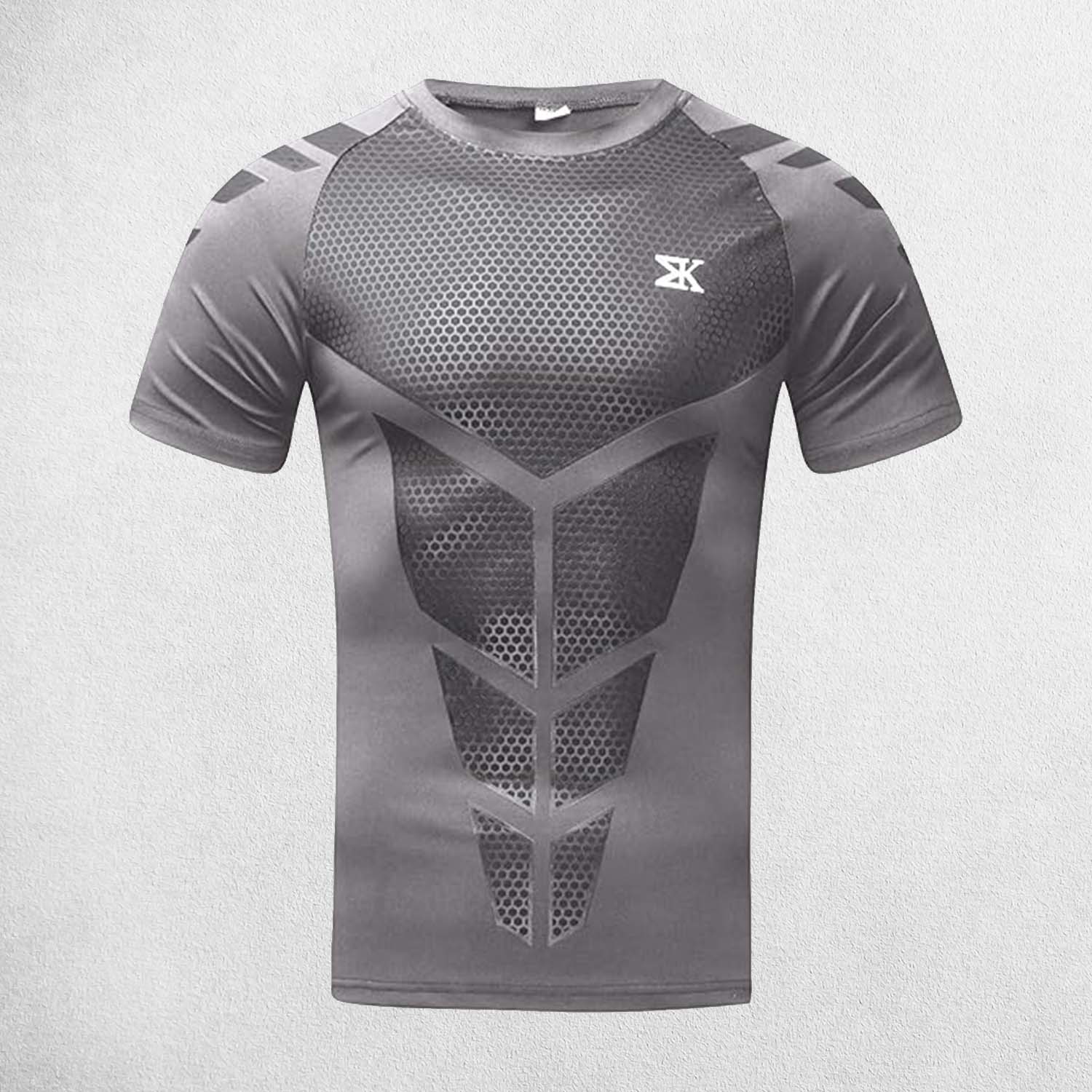 Close up of Grey Men's Quick-Dry Compression T-Shirt – Tight-Fit Gym & Running Shirt for Fitness, Bodybuilding & Training
