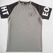 Front Close up of Grey Men’s Quick-Dry Raglan Gym T-Shirt – Breathable, Stretch-Fit Sports Tee for Running & Training