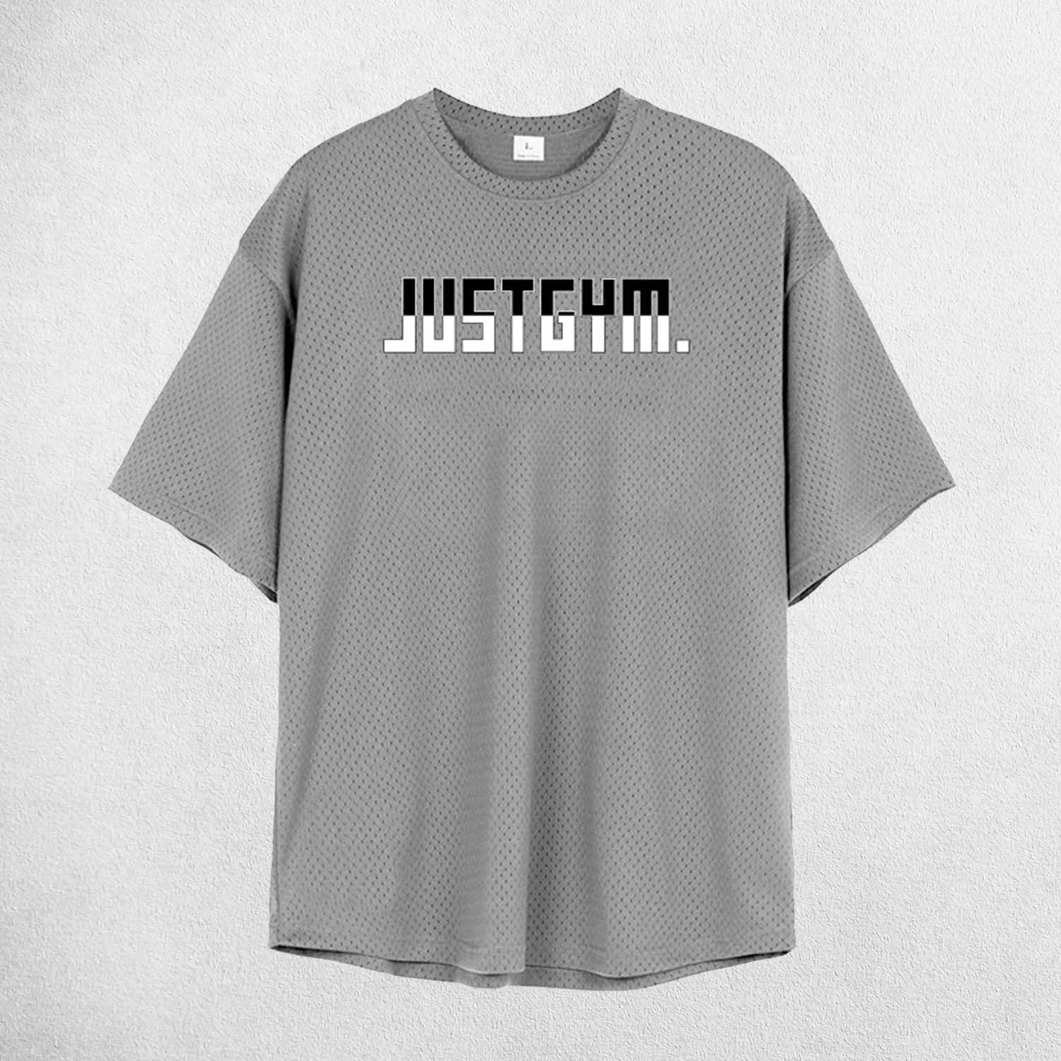 Close Up of Grey Men’s Short Sleeve Quick Dry Oversized Mesh Gym T-Shirt – Breathable, Quick-Dry Fitness Tee