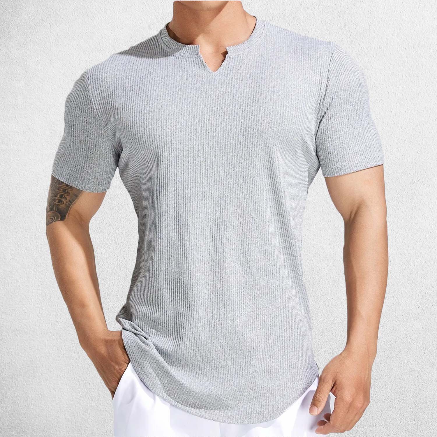 Grey Men’s Sport Semi-Tight Fitness T-Shirt – Front view showcasing stretchy fabric and V-neck design for basketball and running.