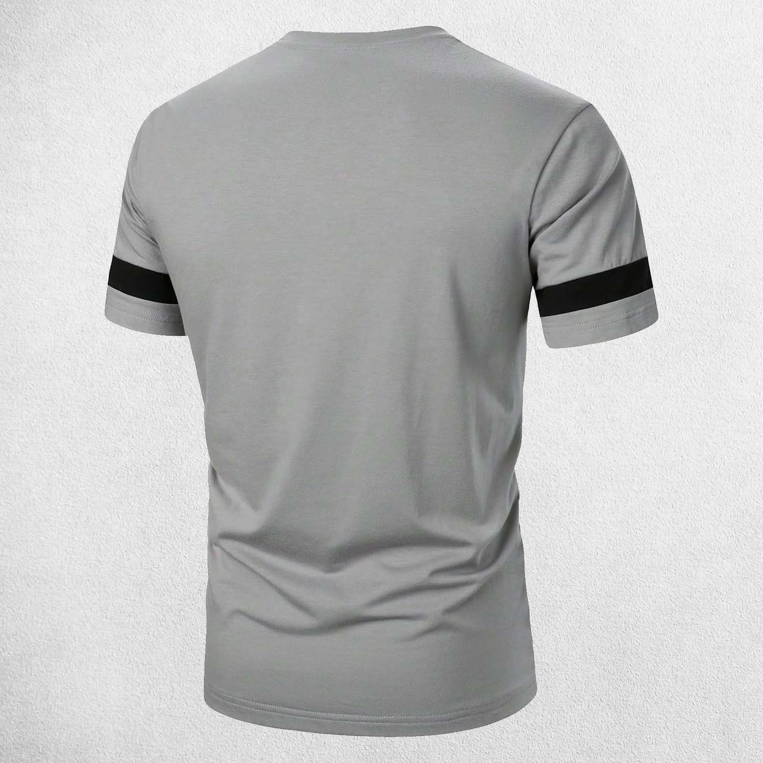 Back close view of Grey Men's Summer Letter Graphic Crew Neck Fitness Tee Shirts– Breathable, Quick-Dry, Casual Short Sleeve Tee