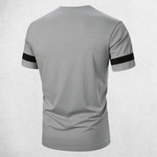 Back close view of Grey Men's Summer Letter Graphic Crew Neck Fitness Tee Shirts– Breathable, Quick-Dry, Casual Short Sleeve Tee