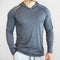 Front Close-up of Grey Stylish Men's Athletic Slim Fit Long Sleeve Hooded Gym Shirt