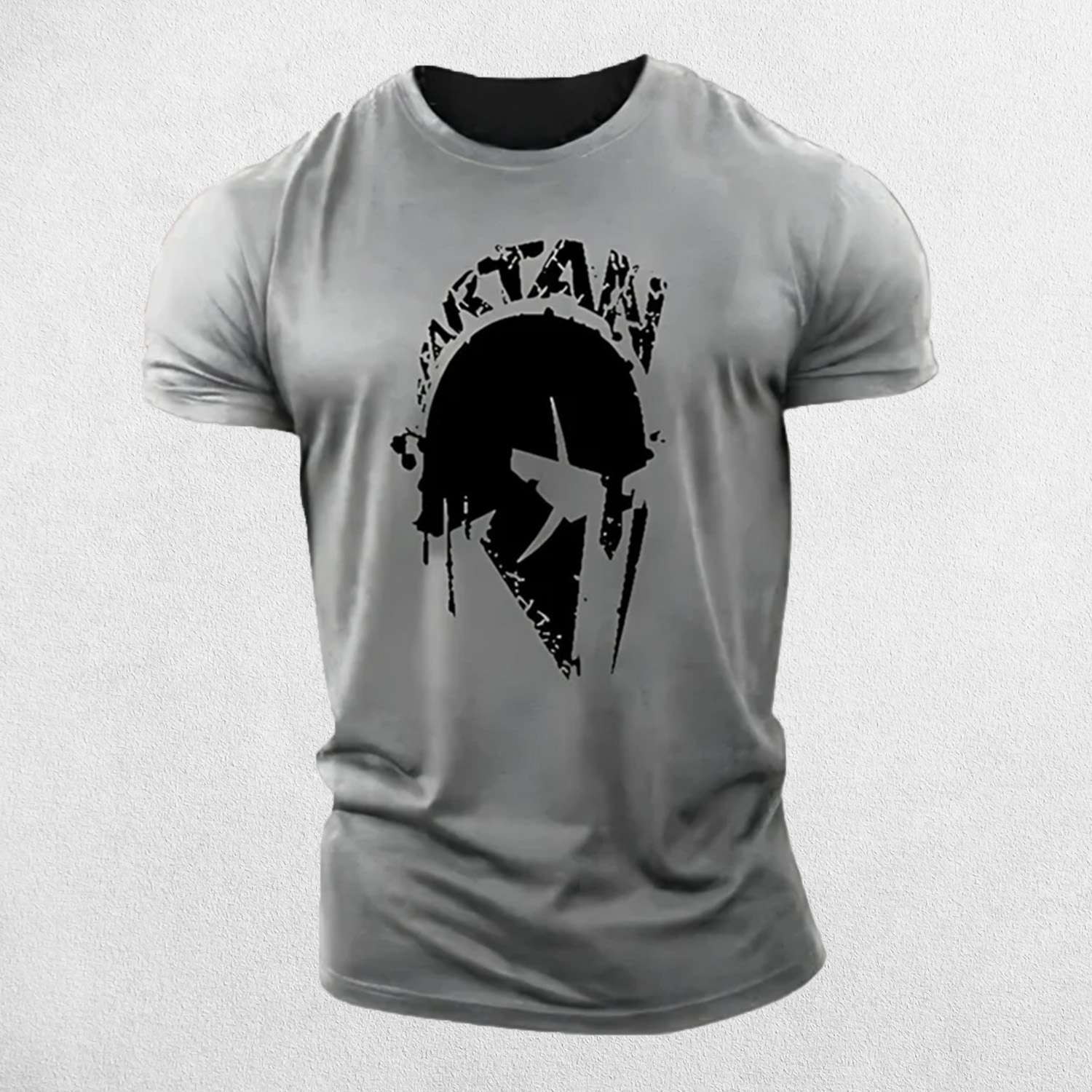 Zoom-in of stitching on Grey Spartan print T-shirt for men in a studio background.
