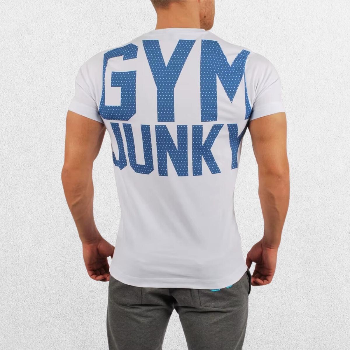  Men’s T-Shirt in white, back view with bold 'Gym Junky' graphic visible.
