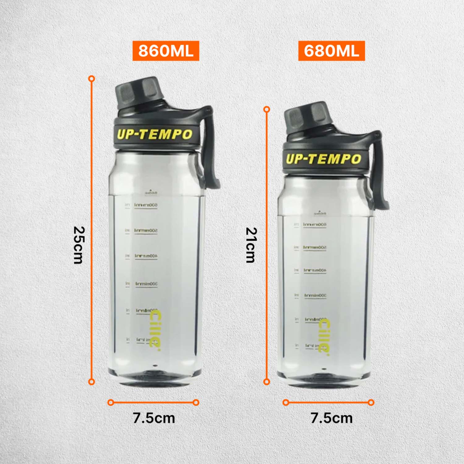 Two Different Capacity water bottles with Dimensions In a studio background
