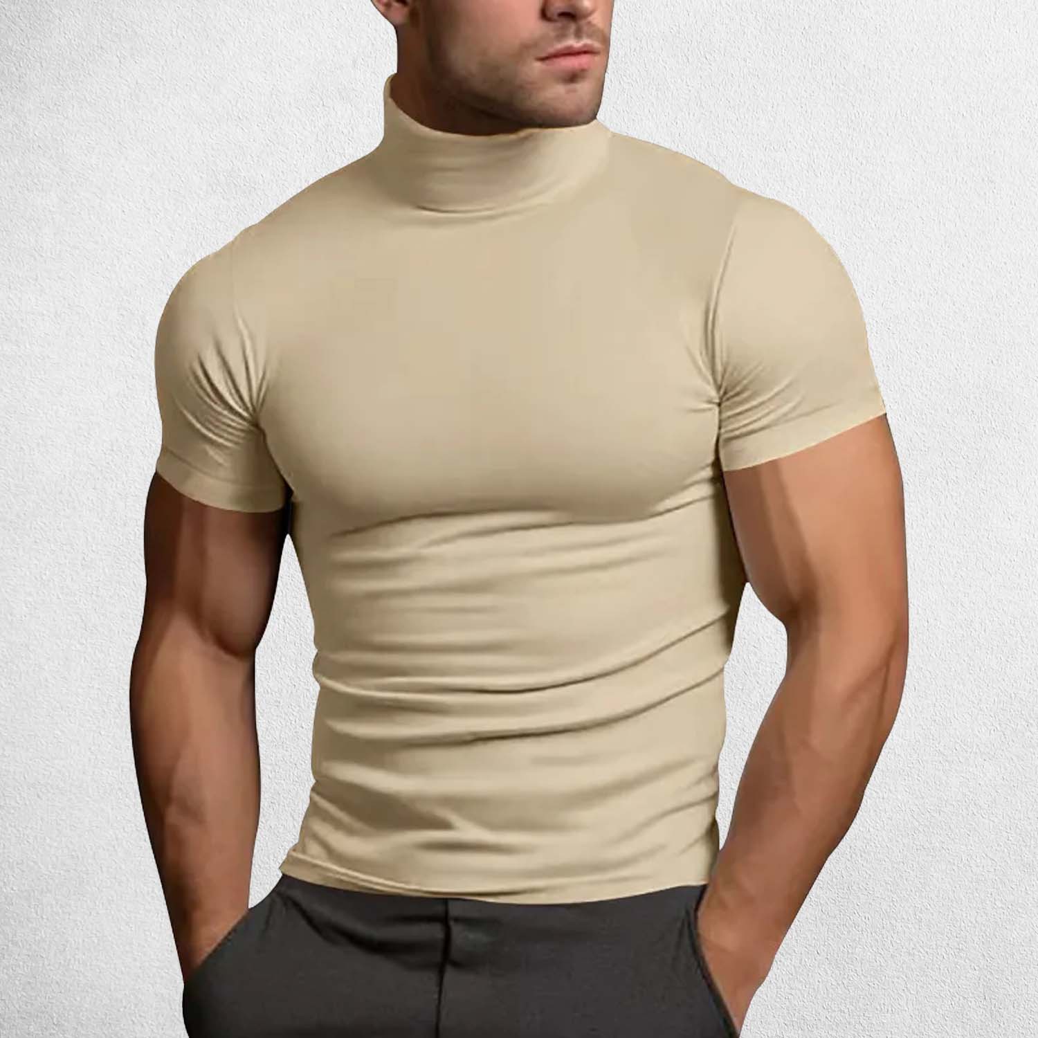 Model Wearing Ivory Men’s Summer Sports Fitness V-Neck Quick-Drying Breathable Striped T-Shirt with Floral Pattern