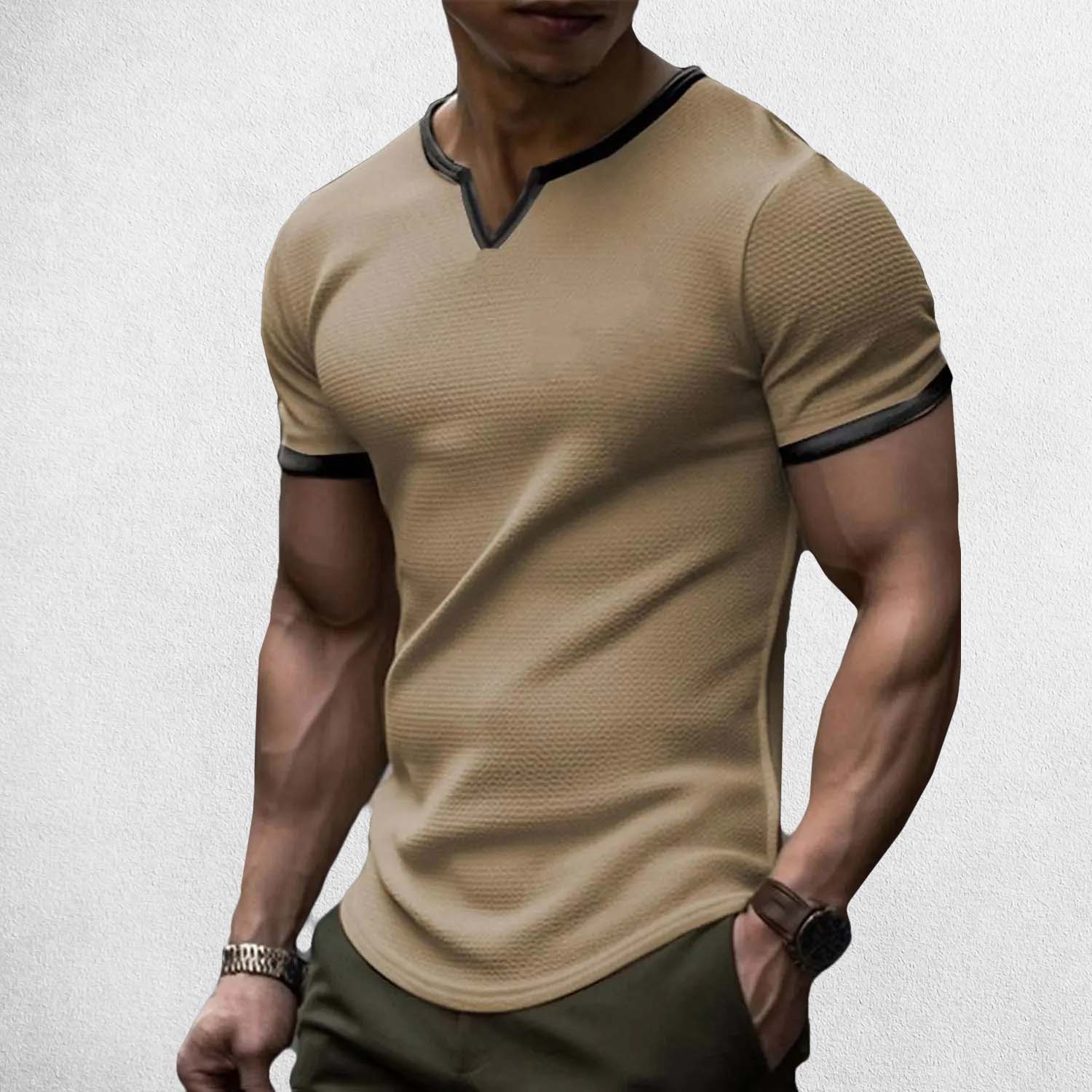 Model Wearing Khaki Men’s Casual Slim Fit V-Neck Waffle Solid Color Short Sleeve T-Shirt for Summer in a studio background
