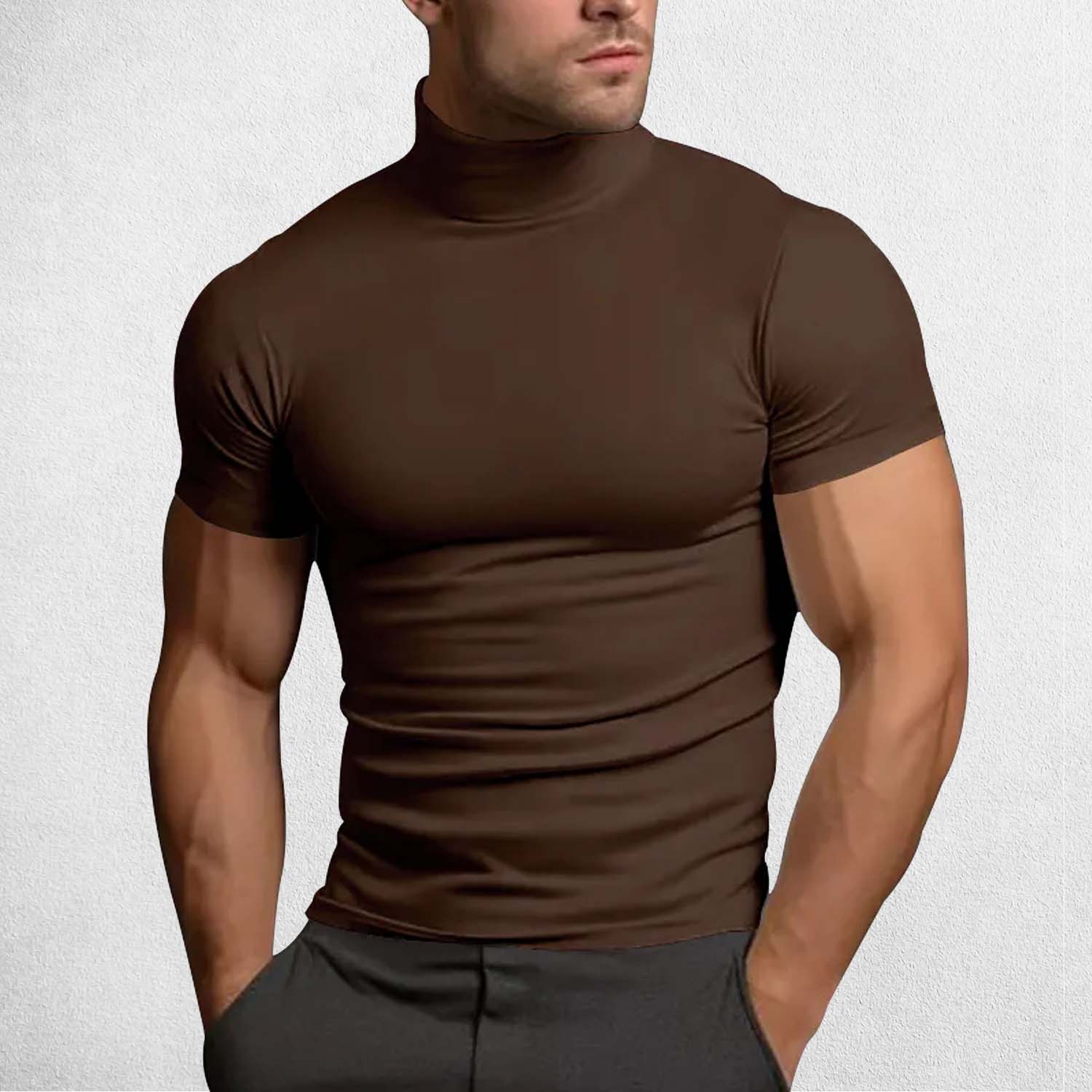 Model Wearing Khaki Men’s Slim Fit Cross-Border Summer Solid Color Turtleneck T-Shirt for Fitness & Casual Wear in a studio background