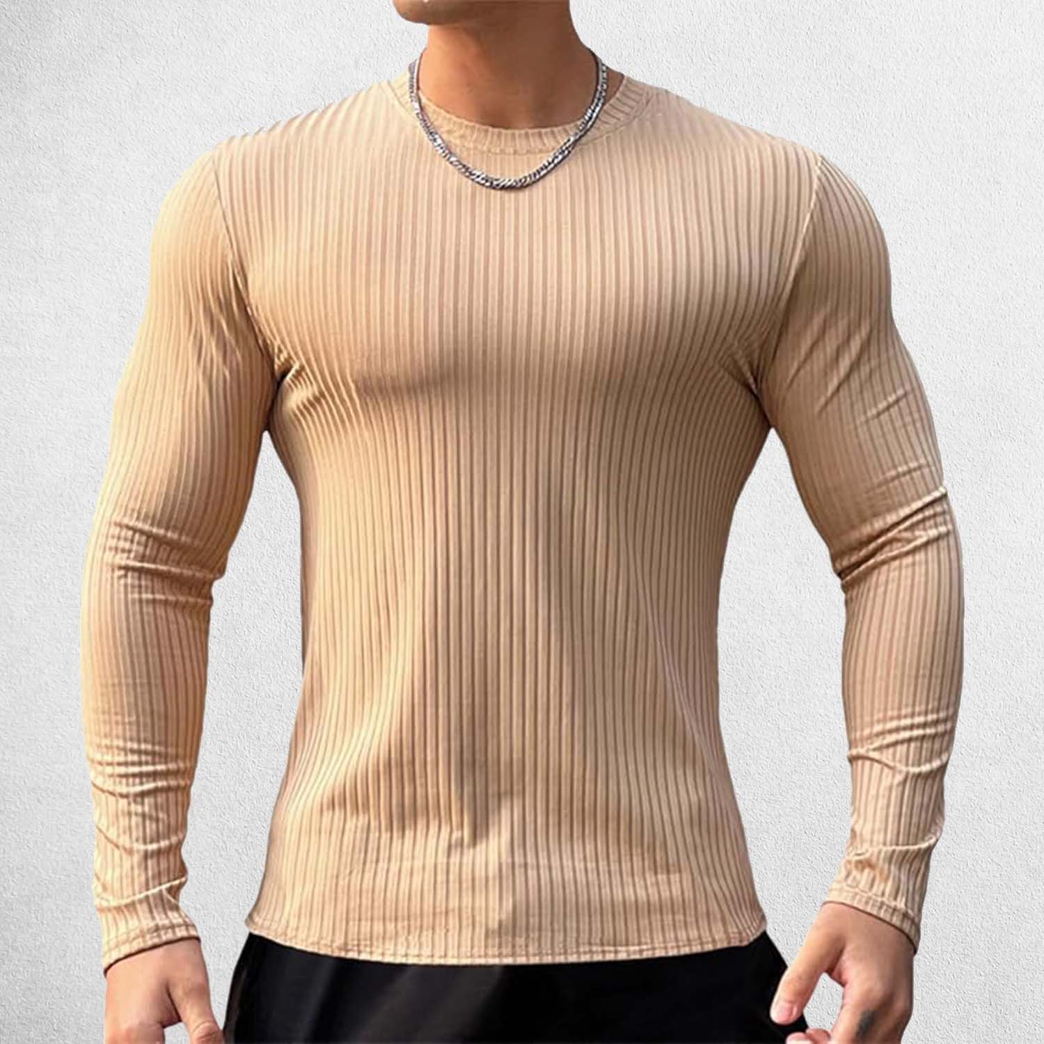 Front View of Model Wearing Khaki Men’s Solid Color Slim Fit Striped Gym & Casual Long-Sleeve Shirt – Quick-Dry, Breathable Performance Wear
