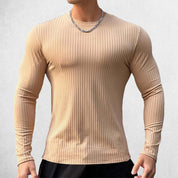 Front View of Model Wearing Khaki Men’s Solid Color Slim Fit Striped Gym & Casual Long-Sleeve Shirt – Quick-Dry, Breathable Performance Wear
