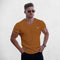 Model Wearing Khaki Men’s Summer Sports Fitness V-Neck Quick-Drying Breathable Striped T-Shirt with Floral Pattern in a studio background