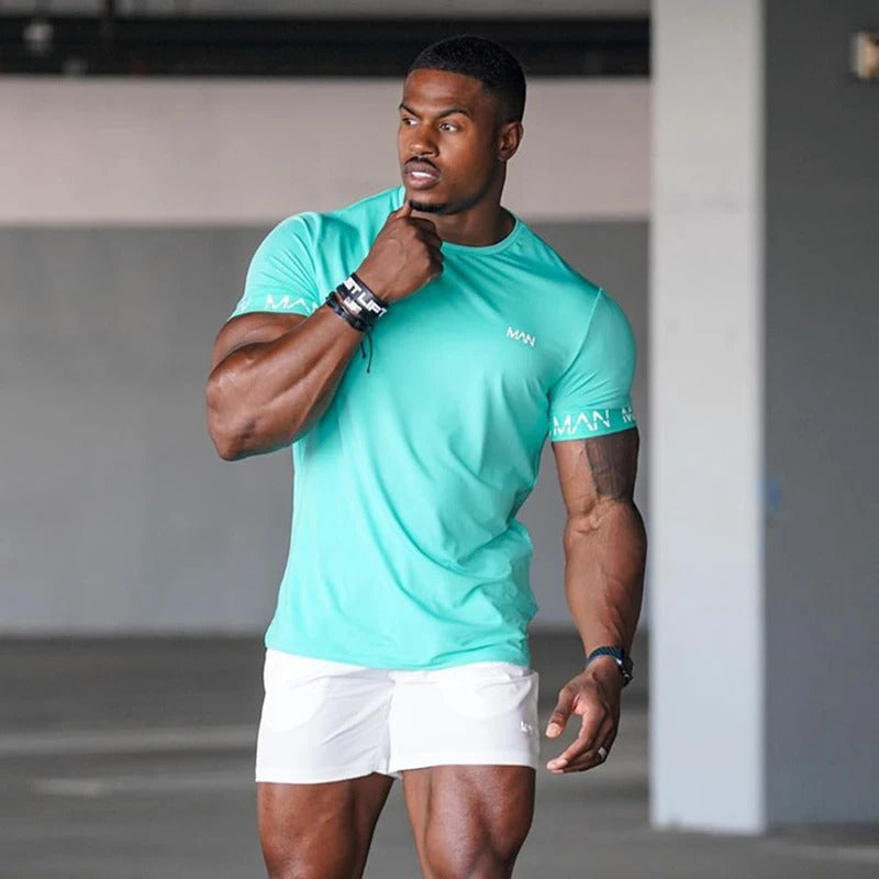 Light Green Man Printed Quick-Dry Compression Gym T-Shirt – Breathable and Stretchable Workout Tee