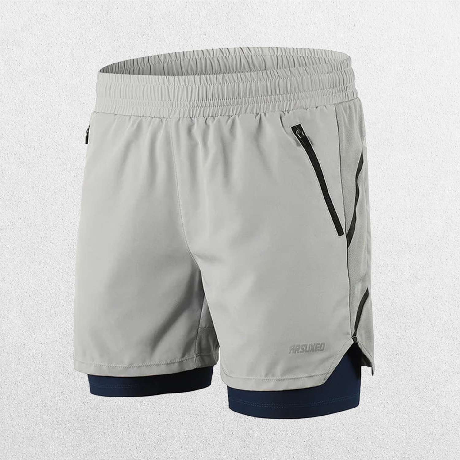Close-up of Light Grey Men’s Breathable 2-in-1 Gym Shorts with Zipper Pockets & Drawstring Fit in a studio background