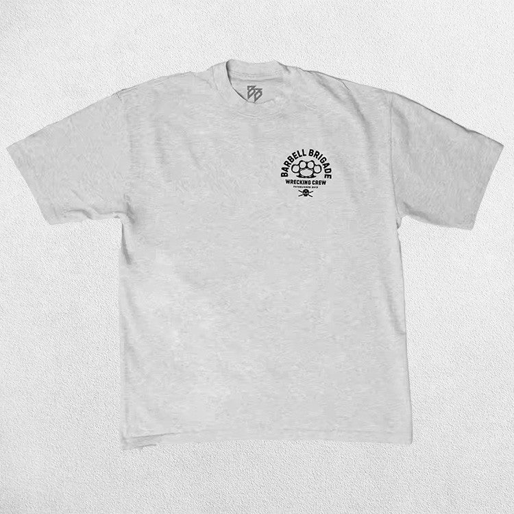 Front view of Grey Men’s Cotton Bodybuilding Barbell Brigade Print Short Sleeve Muscle Gym Shirt