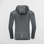 Back of Light Grey Men's Elastic Hooded Performance Hoodie Designed for Gym and Running