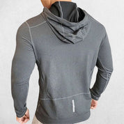 Model wearing Light Grey Men's Elastic Hooded Performance Hoodie Designed for Gym and Running