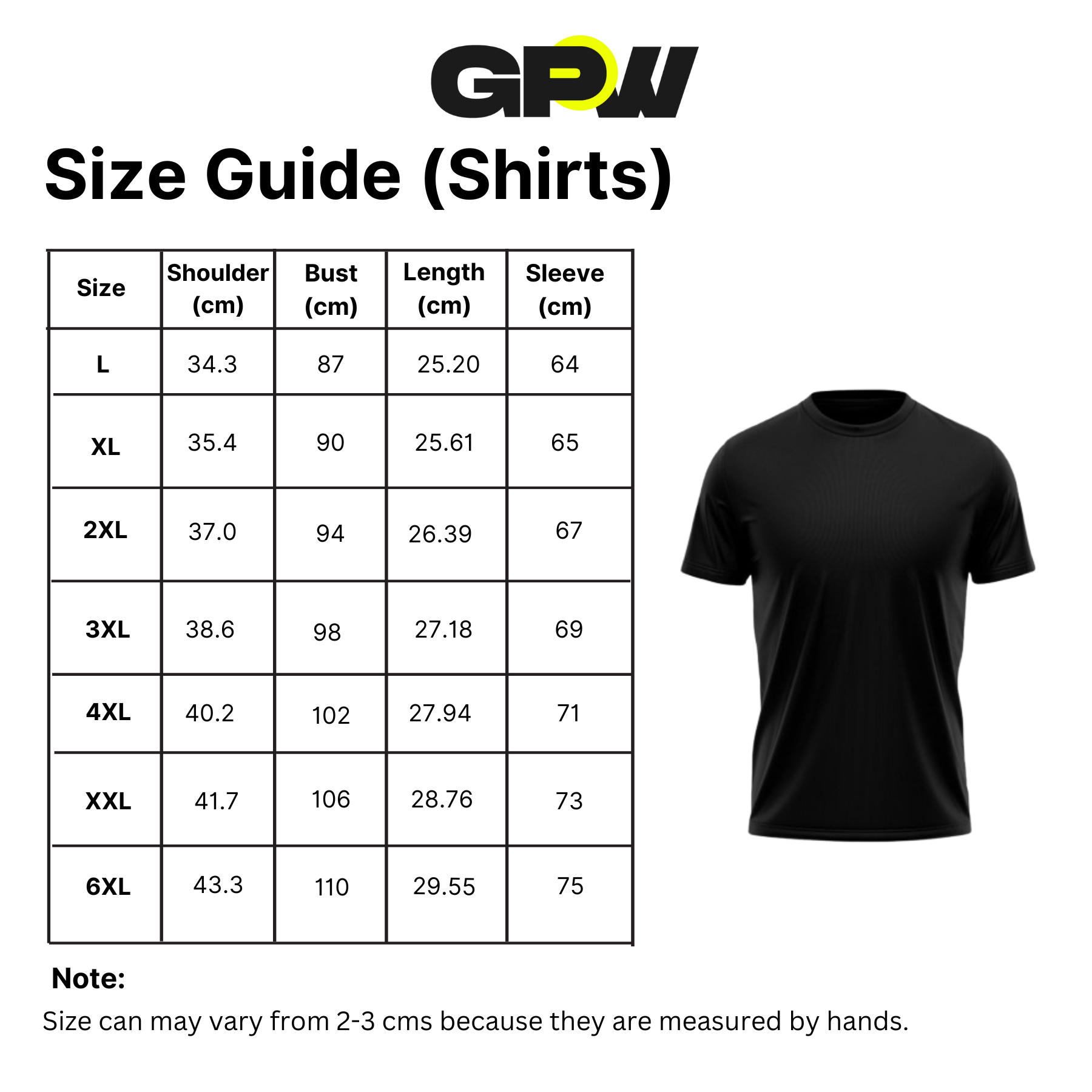 Size guide for shirts with a black t-shirt and GPW logo on a white background